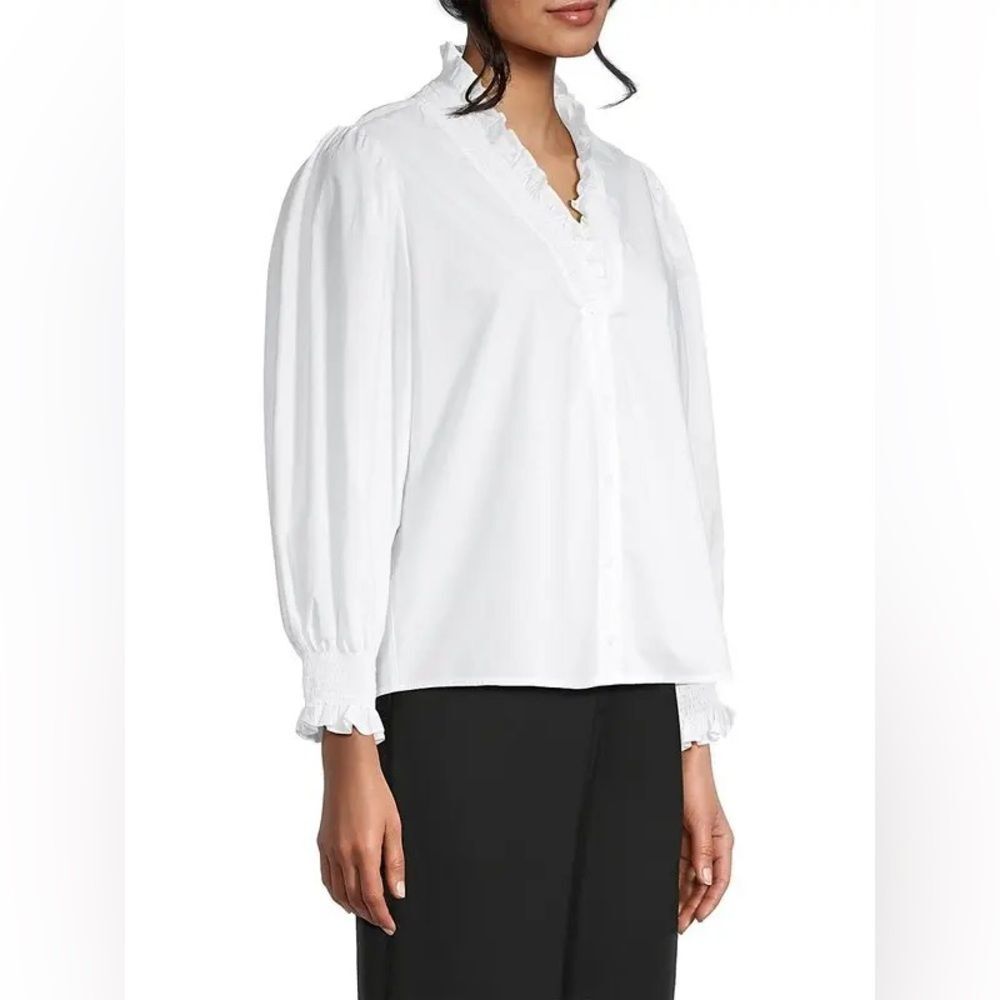 Harshman Blouse White Bonnie Shirt Cotton Poplin Ruffle Size XS Quiet Luxury